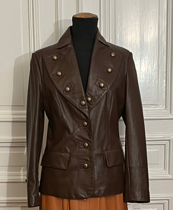 Lamb nappa blazer in brown with gold buttons