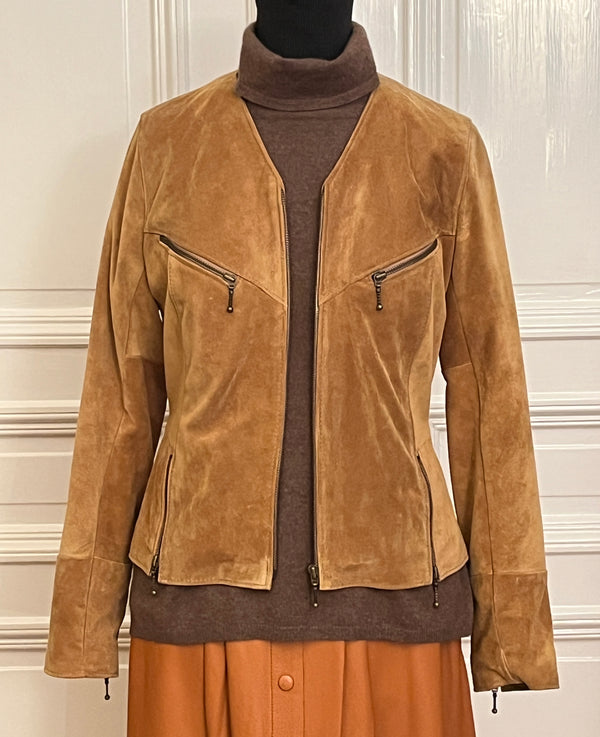 V-neck suede jacket with zipper