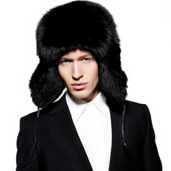 Earflap hat in black colored fox fur 
